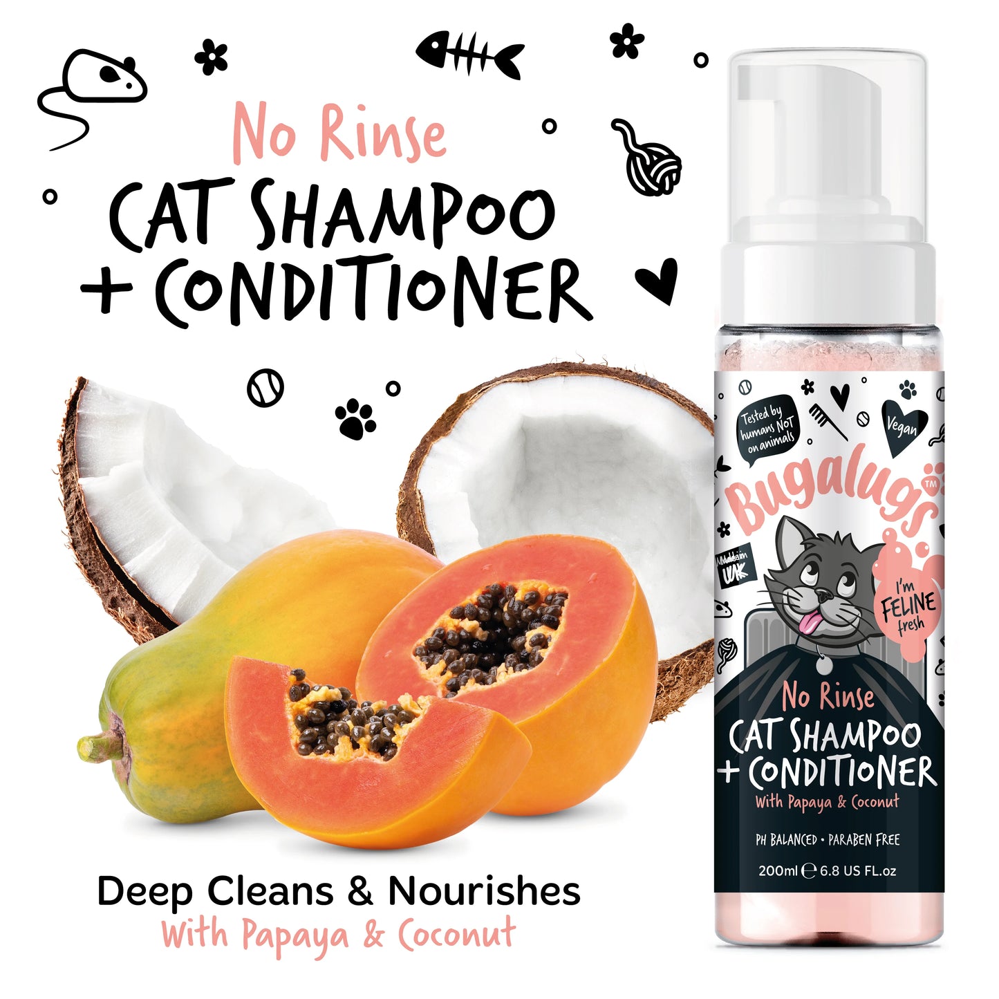 Bugalugs 2 in 1 Papaya & Coconut Cat Shampoo 200ml