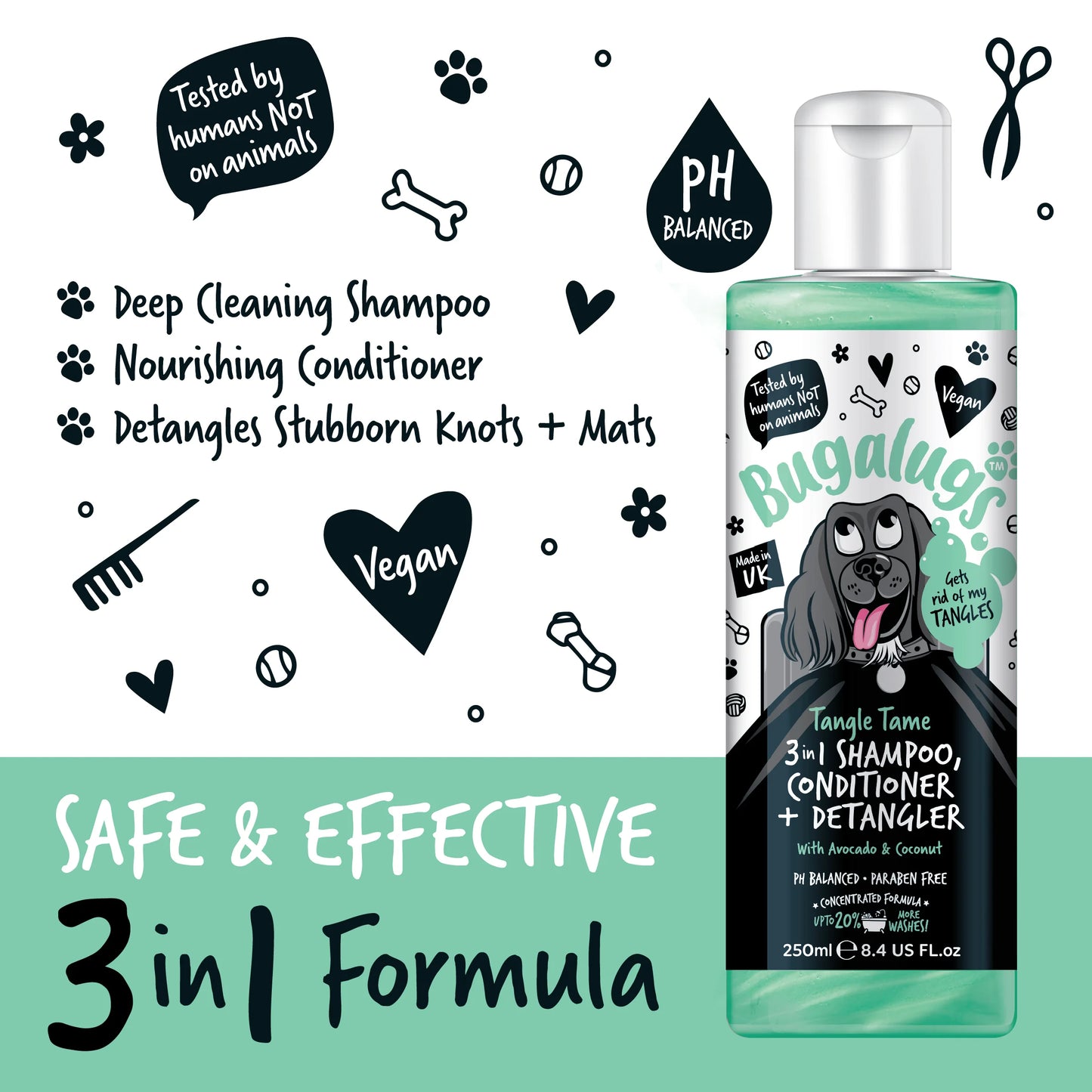 Bugalugs 3 in 1 Tangle Tame Dog Shampoo, Conditioner & Detangler 250ml