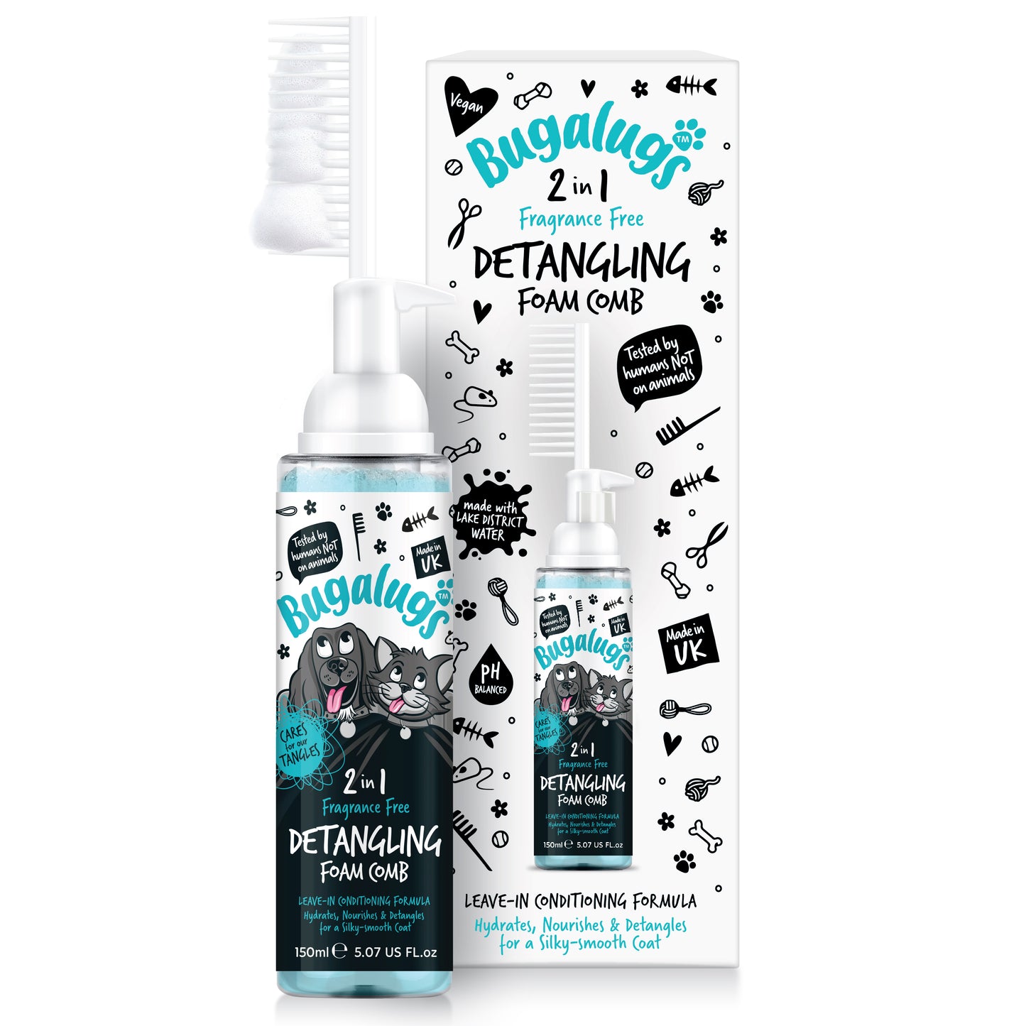 Bugalugs 2 in 1 Detangling Foam Comb For Dogs & Cats 200ml (Fragrance Free)