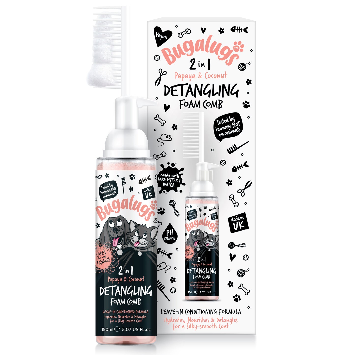Bugalugs 2 in 1 Detangling Foam Comb For Dogs & Cats 200ml (Papaya & Coconut)