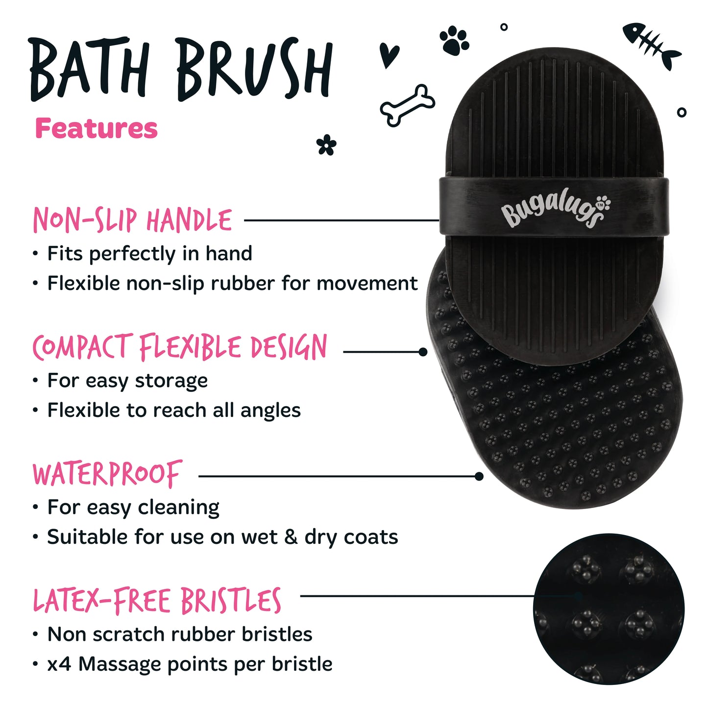 Bugalugs Bath Brush for Dogs & Cats (Black)
