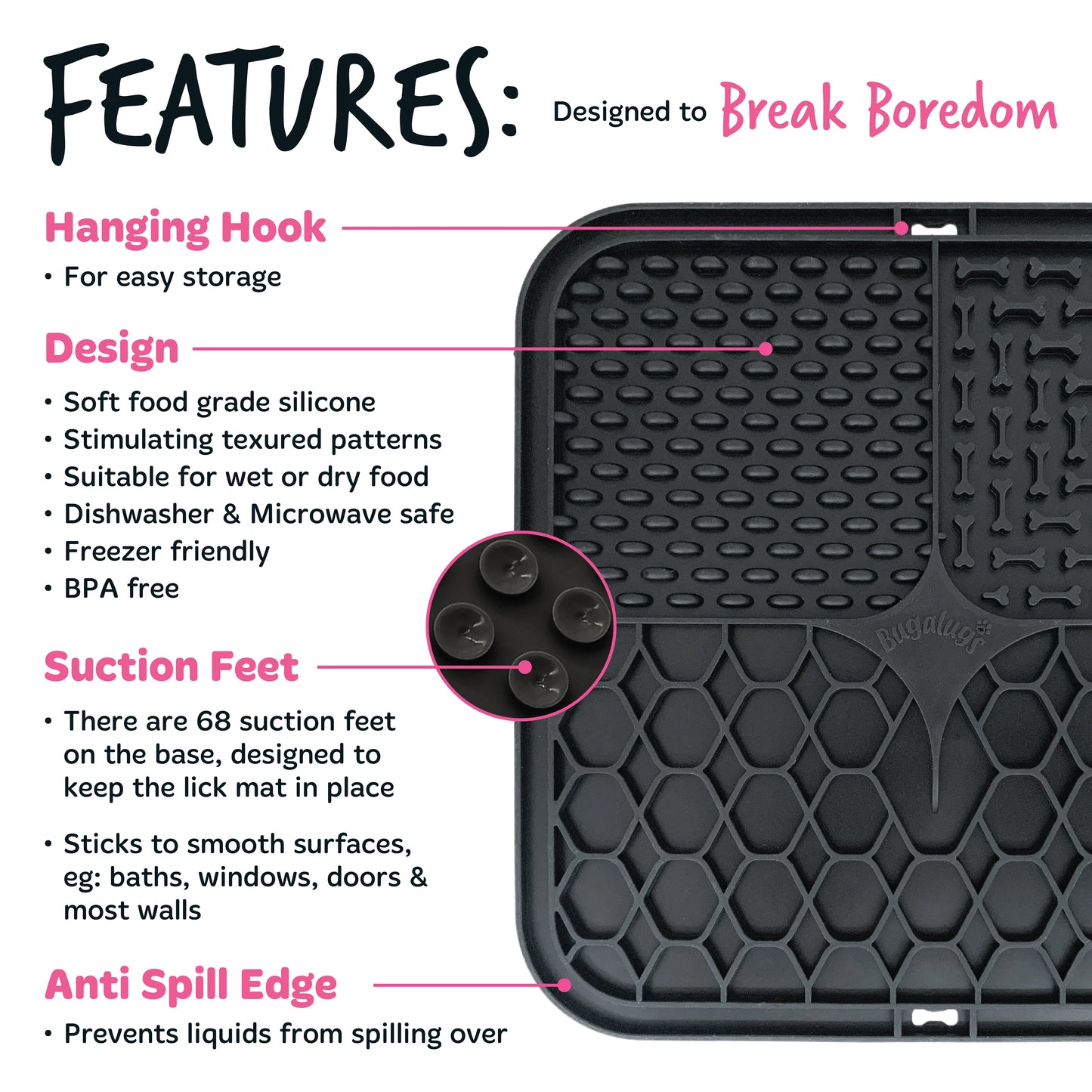 Bugalugs Lick Mat for Dogs & Cats (Black)