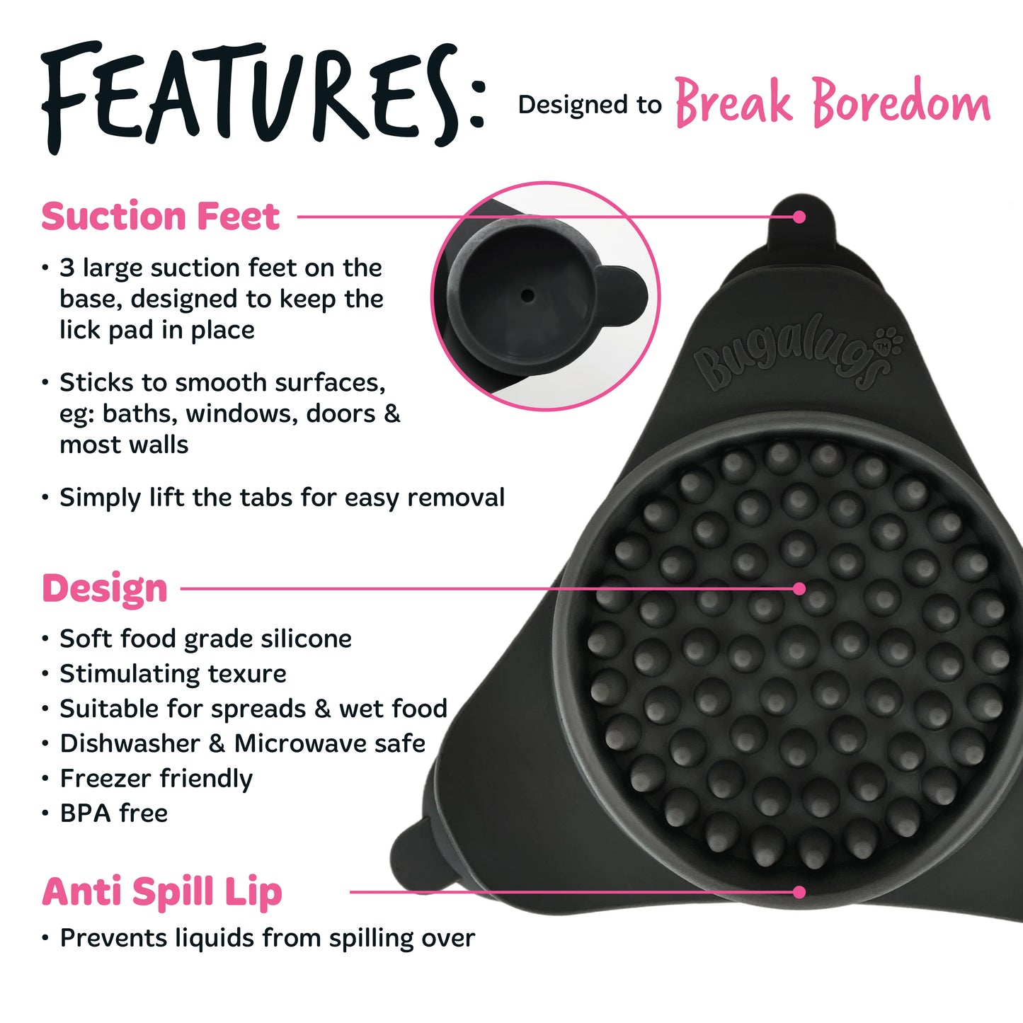 Bugalugs Lick Pad for Dogs & Cats (Black)