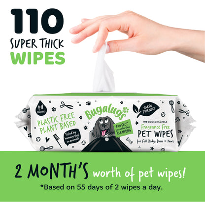 Bugalugs Biodegradable Pet Wipes (110 Large Plastic Free & plant based Wipes) Fragrance Free for Dogs & Cats
