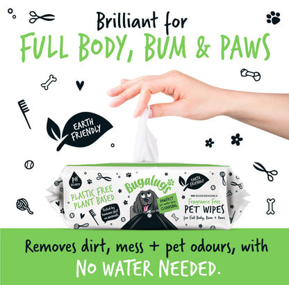Bugalugs Biodegradable Pet Wipes (110 Large Plastic Free & plant based Wipes) Fragrance Free for Dogs & Cats