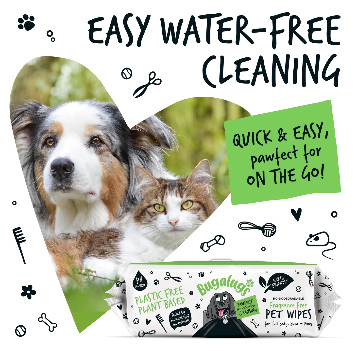 Bugalugs Biodegradable Pet Wipes (110 Large Plastic Free & plant based Wipes) Fragrance Free for Dogs & Cats