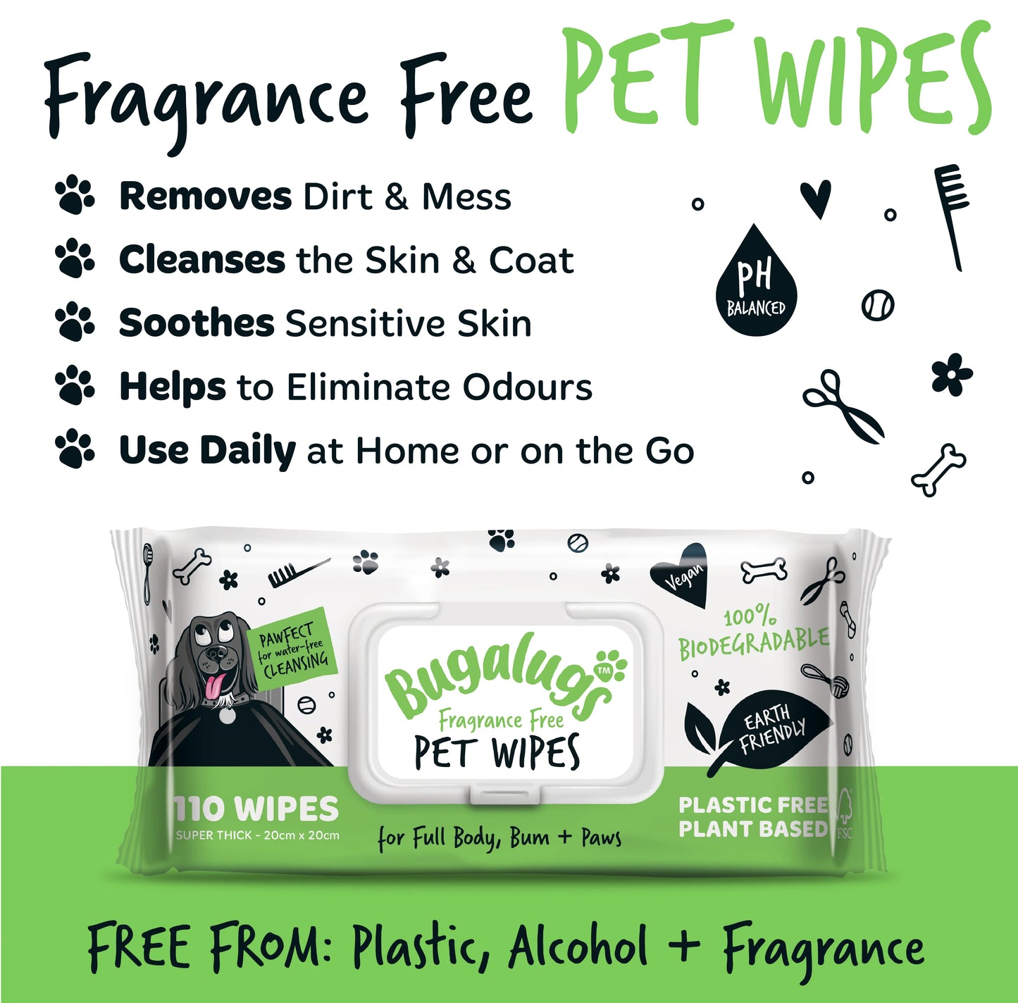 Bugalugs Biodegradable Pet Wipes (110 Large Plastic Free & plant based Wipes) Fragrance Free for Dogs & Cats