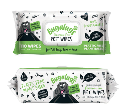 Bugalugs Biodegradable Pet Wipes (110 Large Plastic Free & plant based Wipes) Fragrance Free for Dogs & Cats