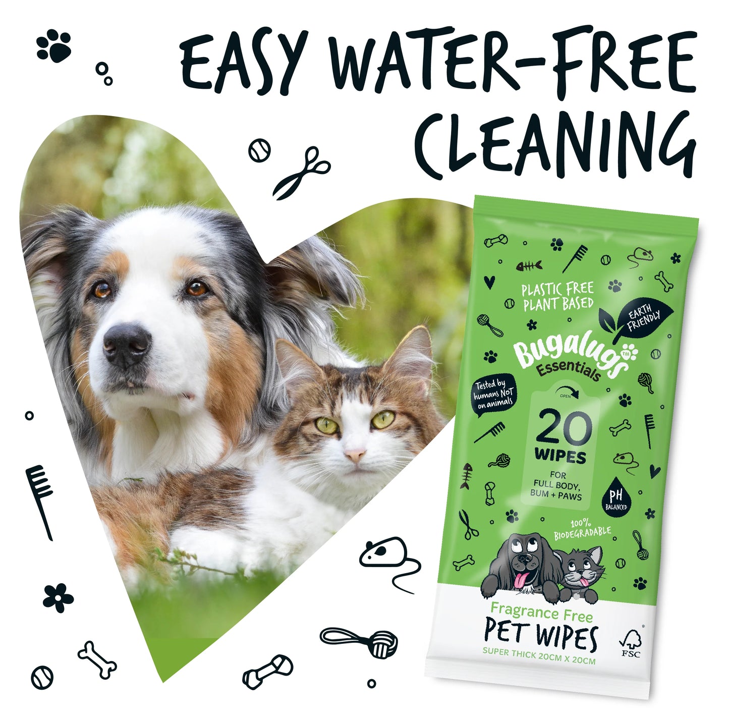 Bugalugs Biodegradable Pet Wipes (20 Large Plastic Free & plant based Wipes) Fragrance Free for Dogs & Cats