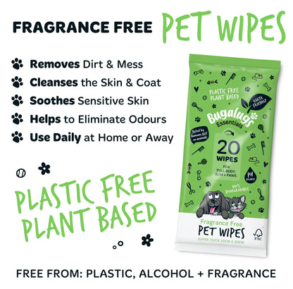 Bugalugs Biodegradable Pet Wipes (110 Large Plastic Free & plant based Wipes) Fragrance Free for Dogs & Cats