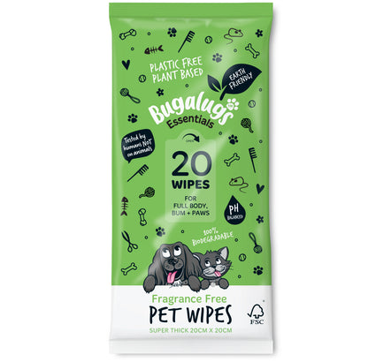 Bugalugs Biodegradable Pet Wipes (110 Large Plastic Free & plant based Wipes) Fragrance Free for Dogs & Cats