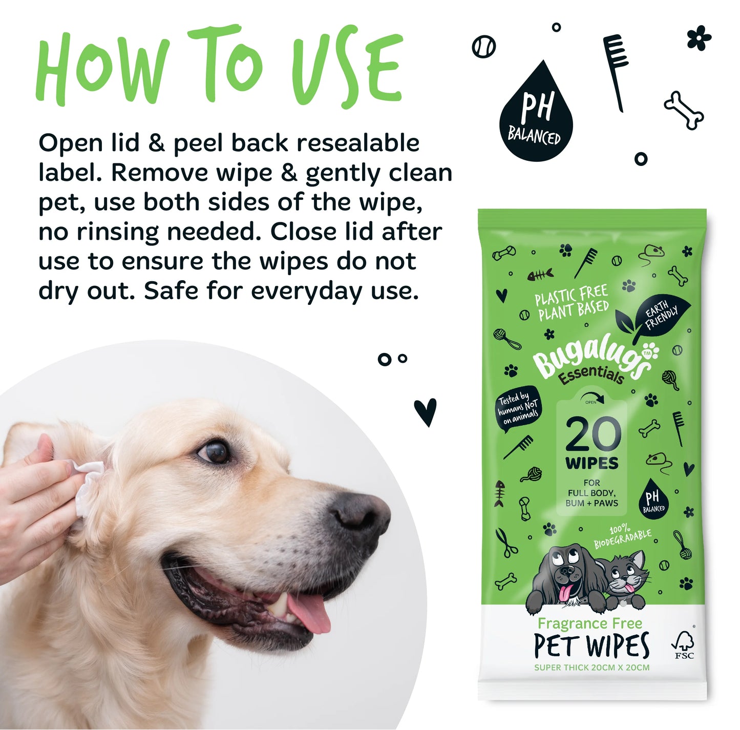 Bugalugs Biodegradable Pet Wipes (110 Large Plastic Free & plant based Wipes) Fragrance Free for Dogs & Cats