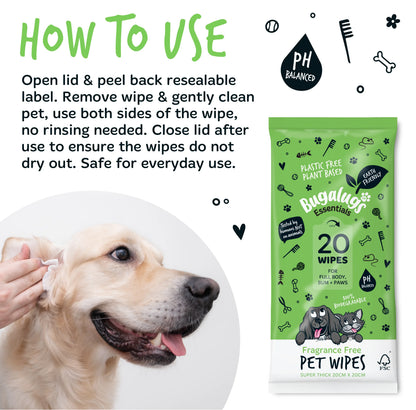 Bugalugs Biodegradable Pet Wipes (110 Large Plastic Free & plant based Wipes) Fragrance Free for Dogs & Cats