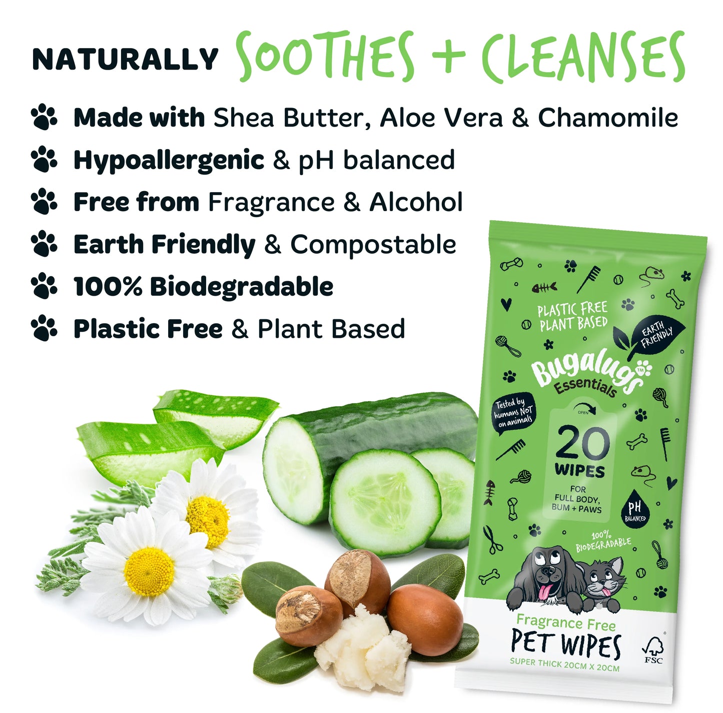 Bugalugs Biodegradable Pet Wipes (110 Large Plastic Free & plant based Wipes) Fragrance Free for Dogs & Cats