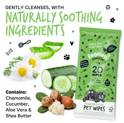 Bugalugs Biodegradable Pet Wipes (20 Large Plastic Free & plant based Wipes) Fragrance Free for Dogs & Cats