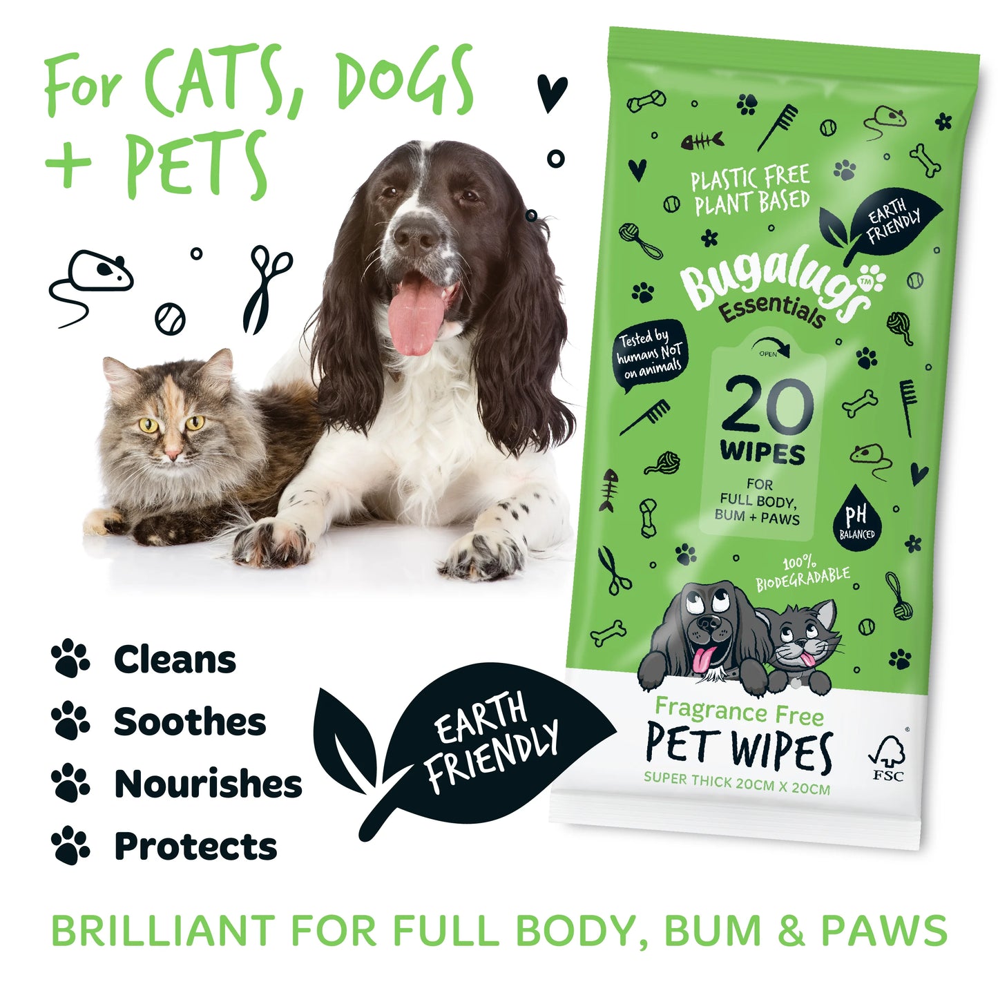 Bugalugs Biodegradable Pet Wipes (20 Large Plastic Free & plant based Wipes) Fragrance Free for Dogs & Cats