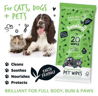Bugalugs Biodegradable Pet Wipes (110 Large Plastic Free & plant based Wipes) Fragrance Free for Dogs & Cats