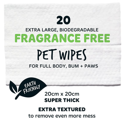 Bugalugs Biodegradable Pet Wipes (20 Large Plastic Free & plant based Wipes) Fragrance Free for Dogs & Cats