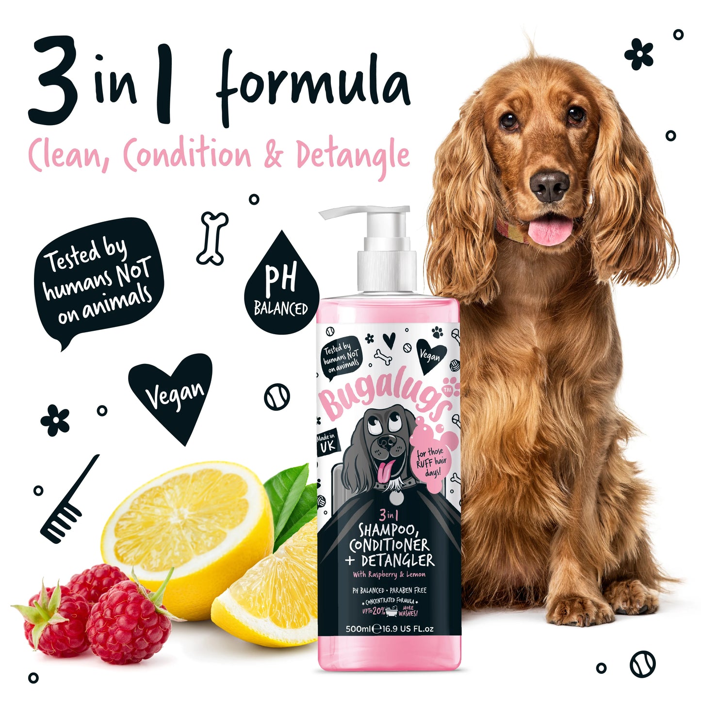 Bugalugs 3 in 1 Dog Shampoo, Conditioner & Detangler 500ml