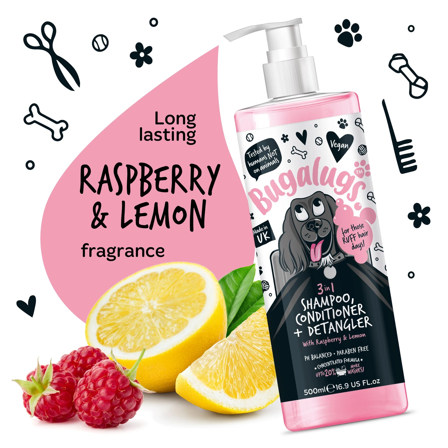 Bugalugs 3 in 1 Dog Shampoo, Conditioner & Detangler 500ml