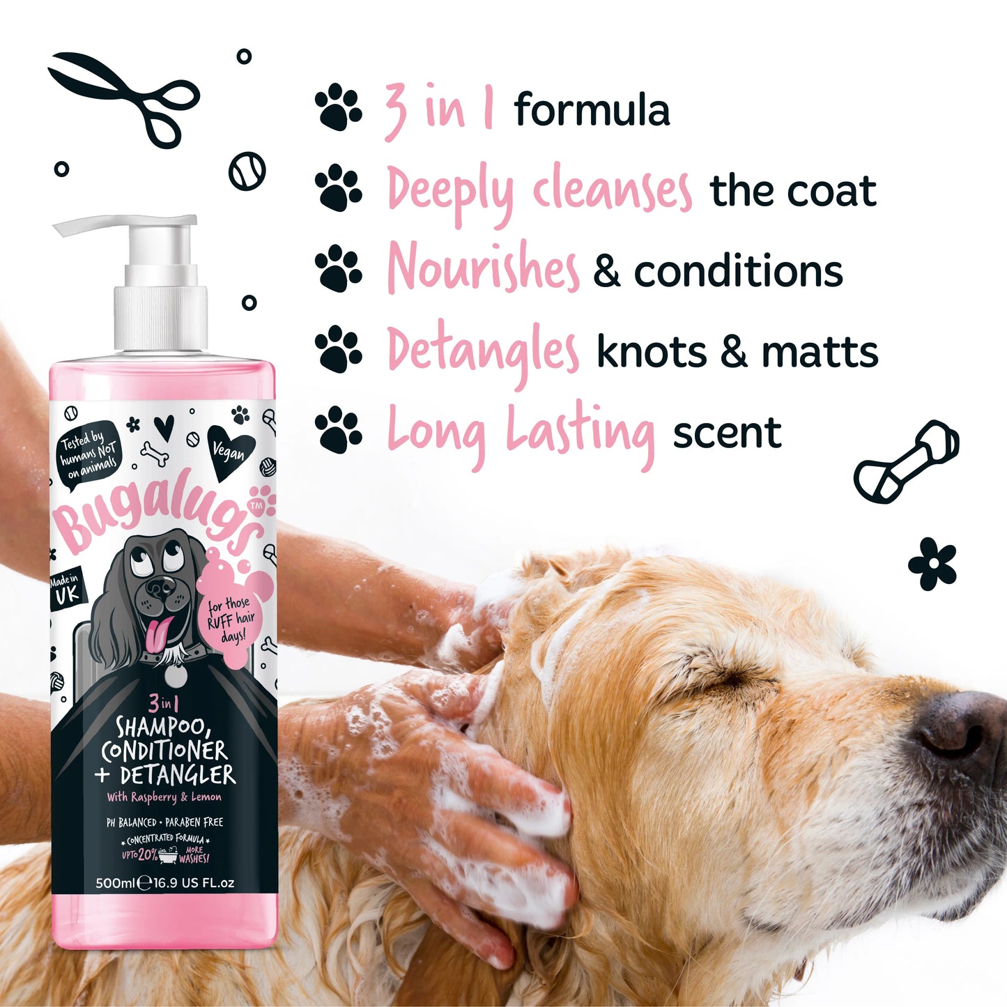 Bugalugs 3 in 1 Dog Shampoo, Conditioner & Detangler 500ml