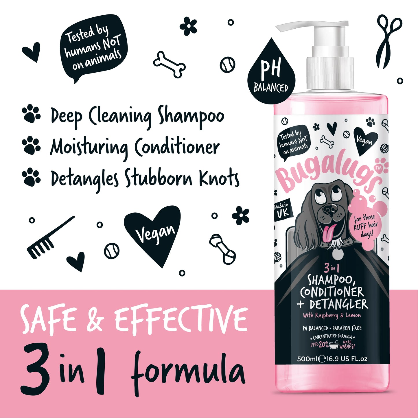Bugalugs 3 in 1 Dog Shampoo, Conditioner & Detangler 500ml