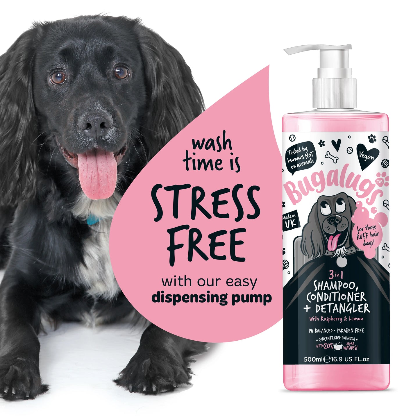 Bugalugs 3 in 1 Dog Shampoo, Conditioner & Detangler 500ml