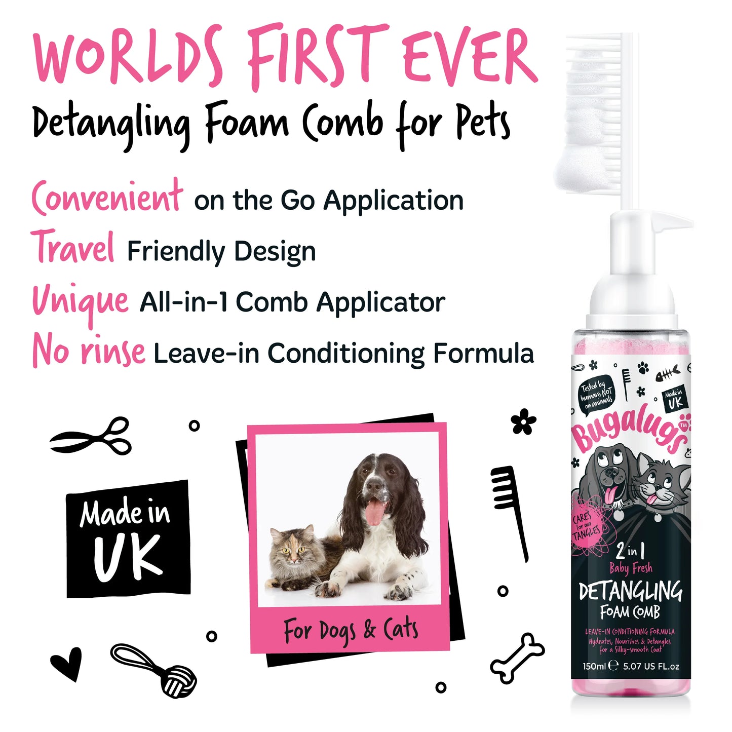 Bugalugs 2 in 1 Detangling Foam Comb For Dogs & Cats 200ml (Baby Fresh)