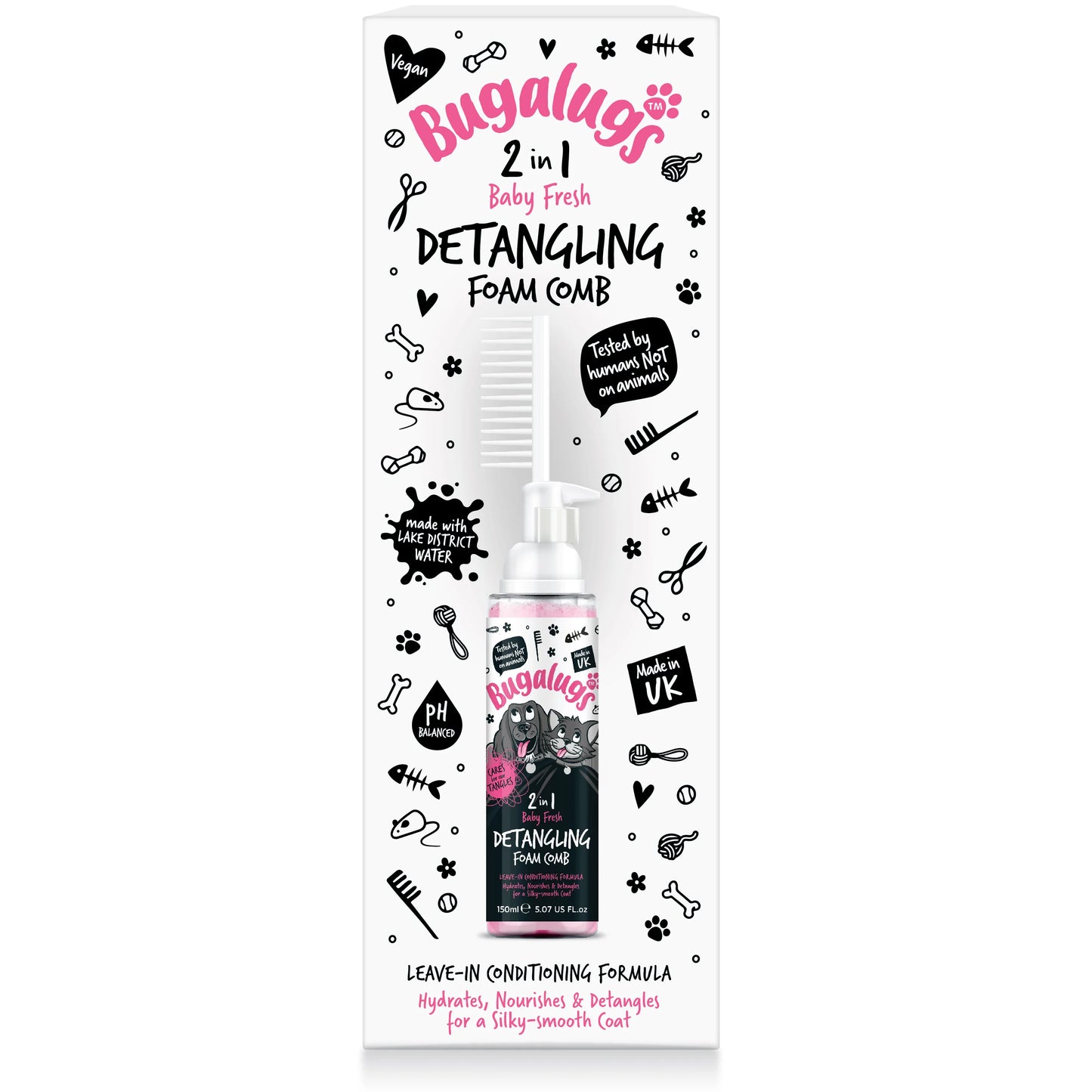 Bugalugs 2 in 1 Detangling Foam Comb For Dogs & Cats 200ml (Baby Fresh)