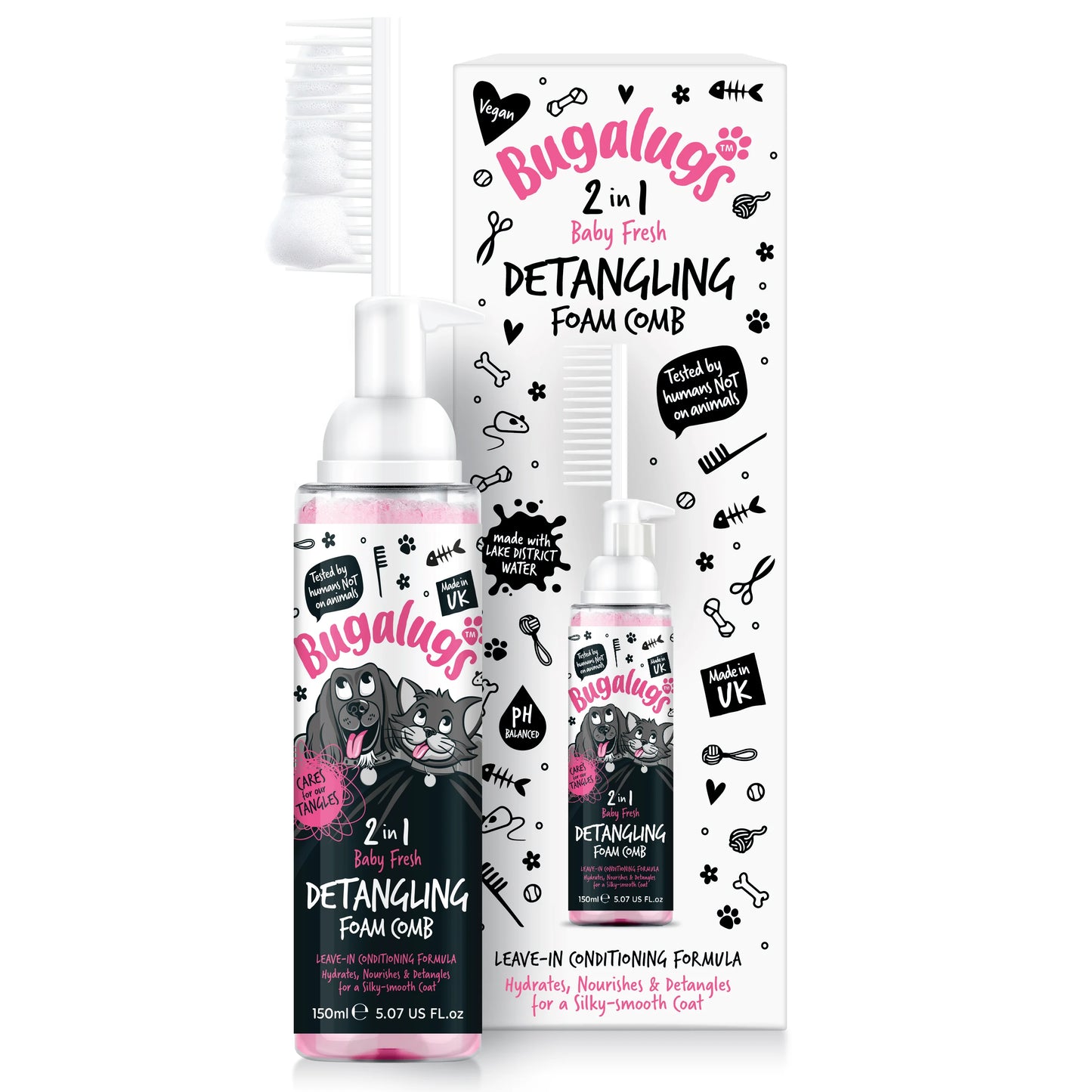 Bugalugs 2 in 1 Detangling Foam Comb For Dogs & Cats 200ml (Baby Fresh)