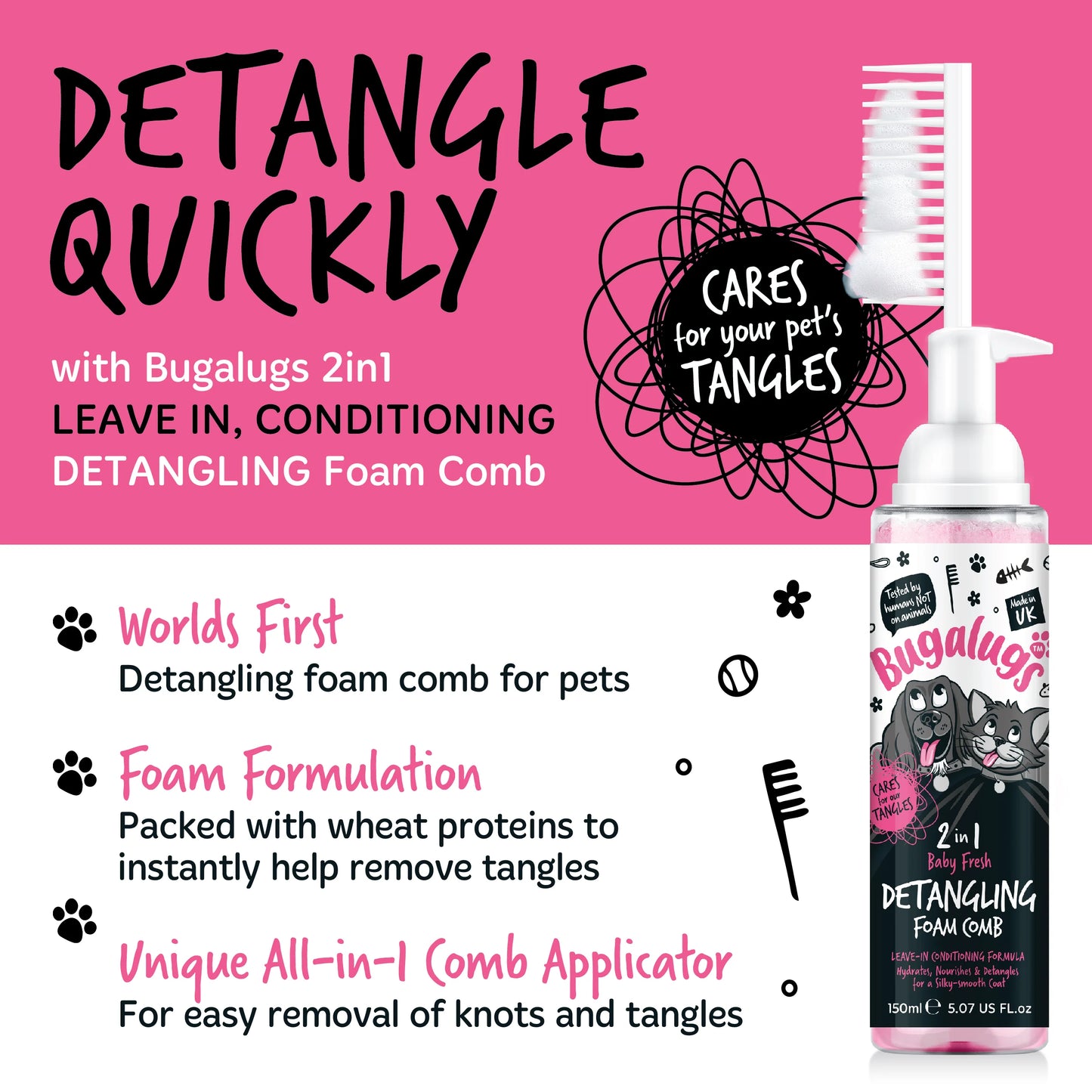 Bugalugs 2 in 1 Detangling Foam Comb For Dogs & Cats 200ml (Baby Fresh)