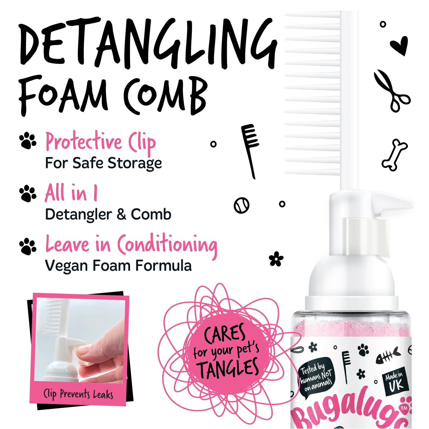 Bugalugs 2 in 1 Detangling Foam Comb For Dogs & Cats 200ml (Baby Fresh)