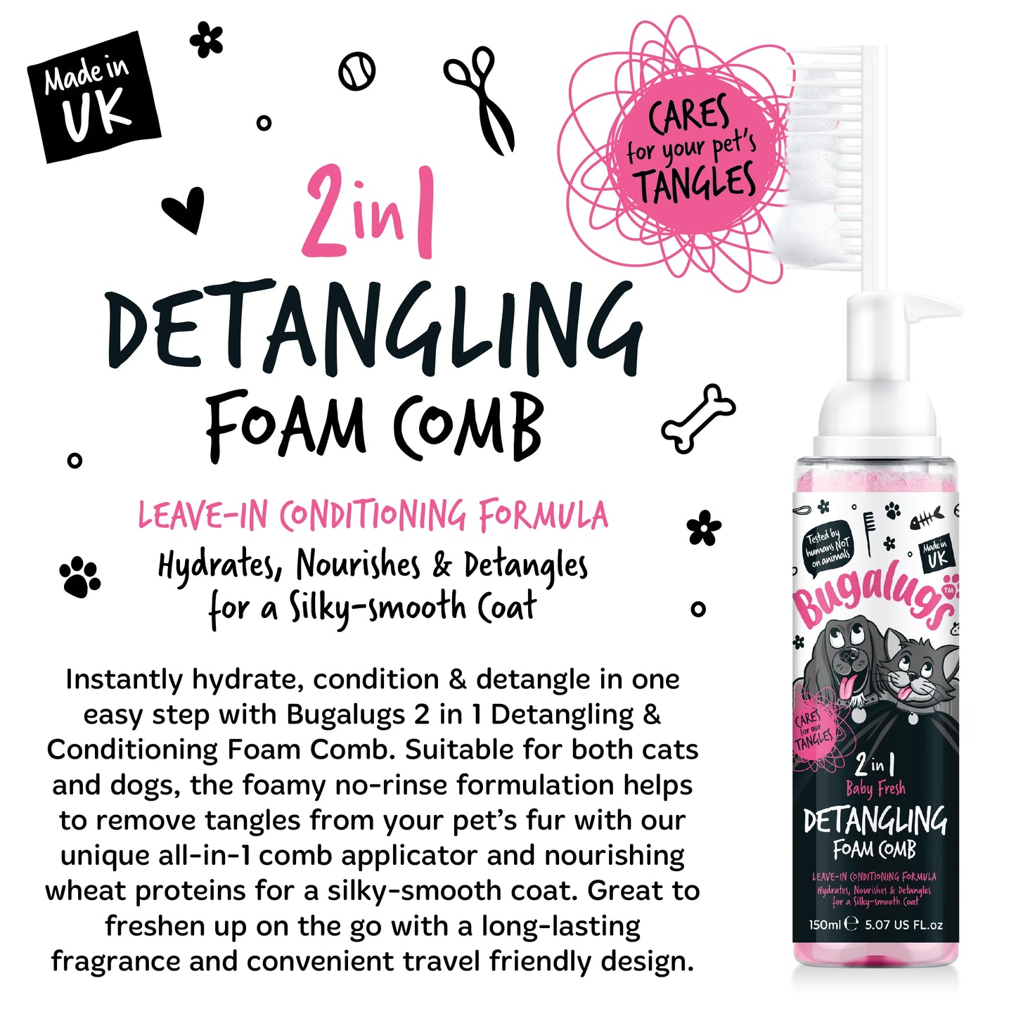 Bugalugs 2 in 1 Detangling Foam Comb For Dogs & Cats 200ml (Baby Fresh)
