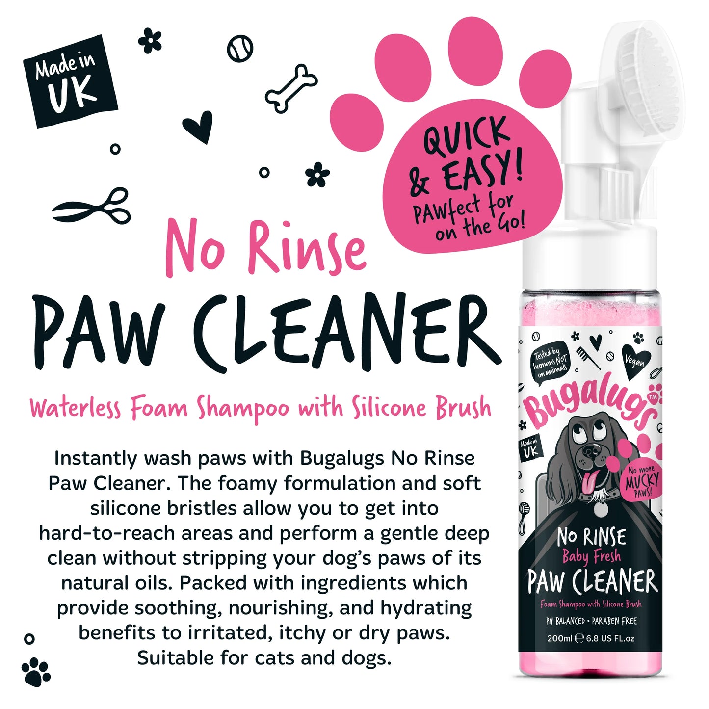 Bugalugs No Rinse Paw Cleaner Foam Shampoo 200ml - Baby Fresh
