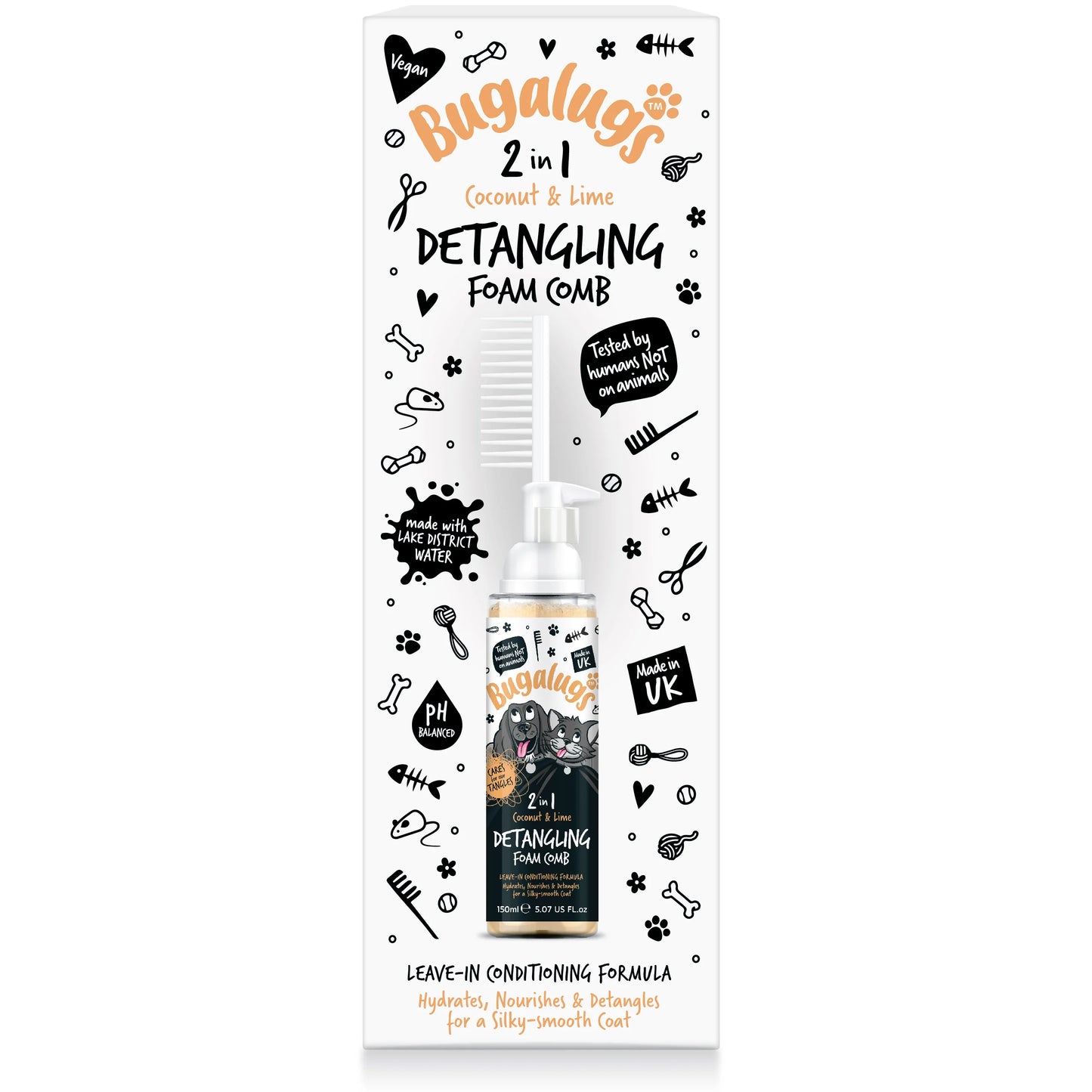Bugalugs 2 in 1 Detangling Foam Comb For Dogs & Cats 200ml (Coconut & Lime )