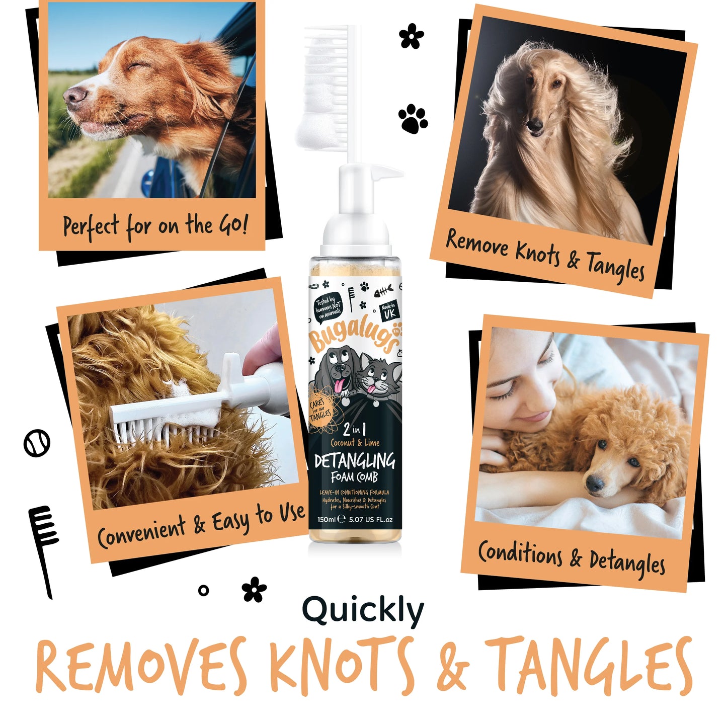Bugalugs 2 in 1 Detangling Foam Comb For Dogs & Cats 200ml (Coconut & Lime )