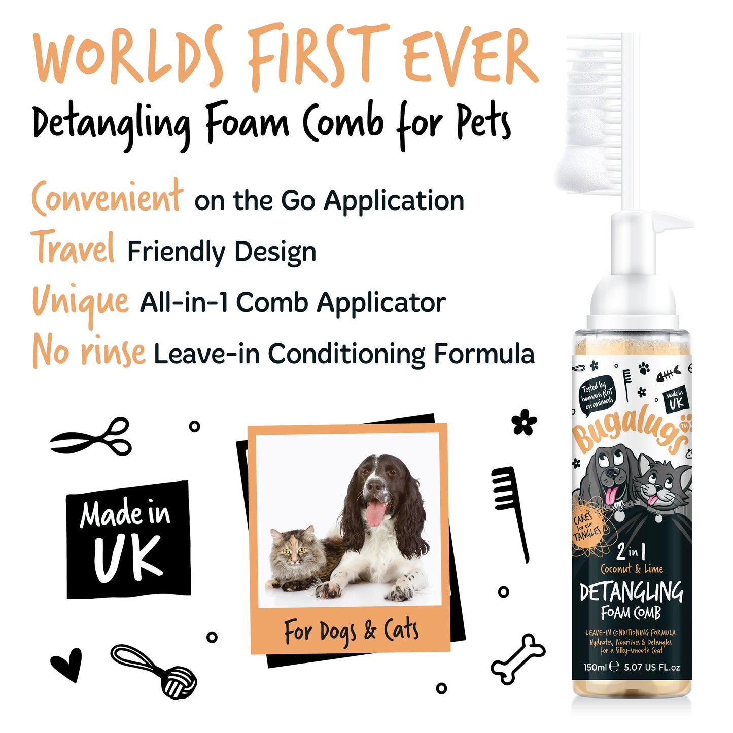 Bugalugs 2 in 1 Detangling Foam Comb For Dogs & Cats 200ml (Coconut & Lime )