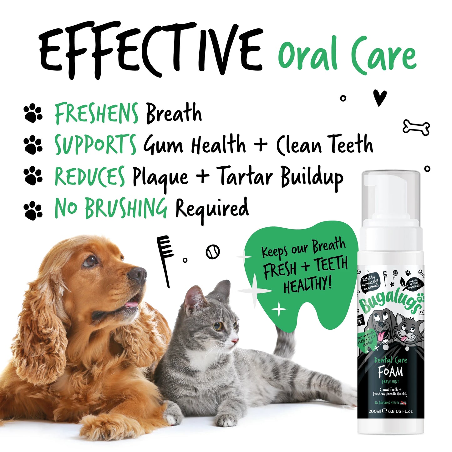 Bugalugs Dental Care Foam 200ml (Spearmint) for Dogs & Cats