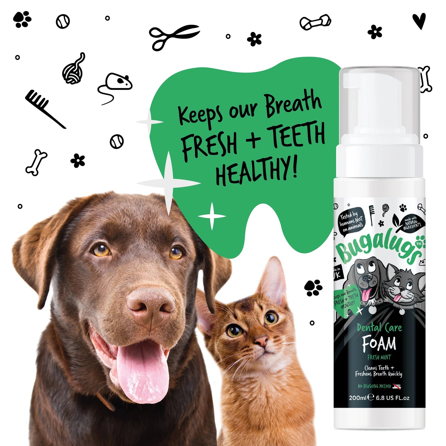 Bugalugs Dental Care Foam 200ml (Spearmint) for Dogs & Cats
