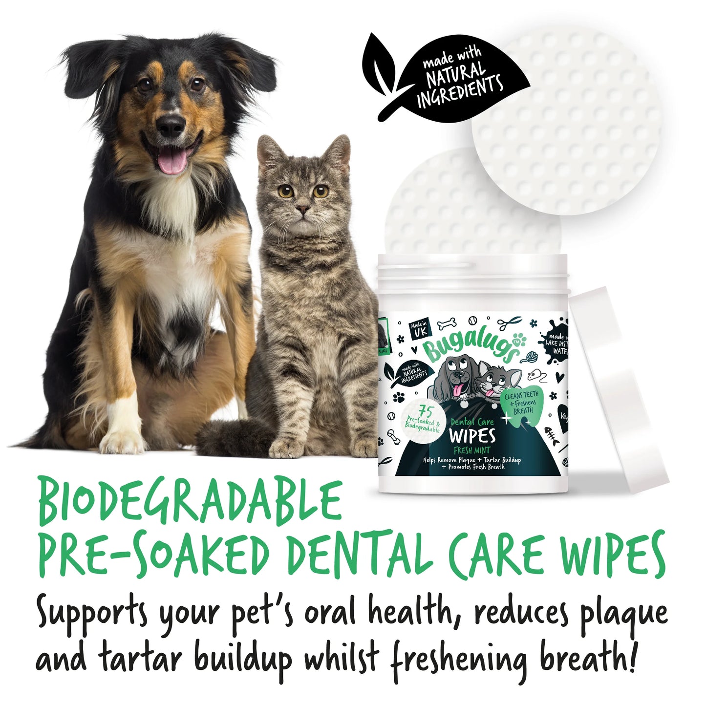 Bugalugs Dental Care Wipes (75 Bio-degradable Pre Soaked Wipes) for Dogs & Cats