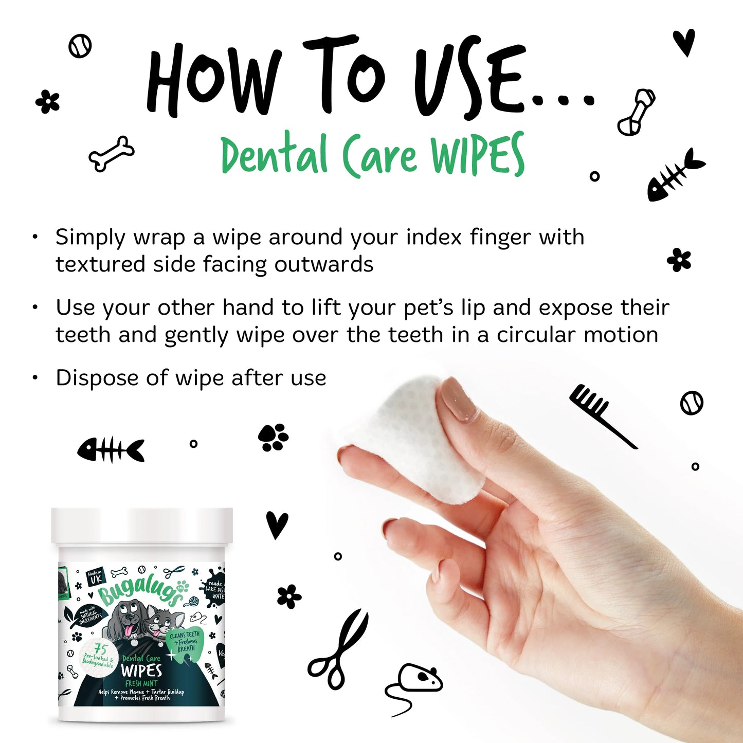 Bugalugs Dental Care Wipes (75 Bio-degradable Pre Soaked Wipes) for Dogs & Cats