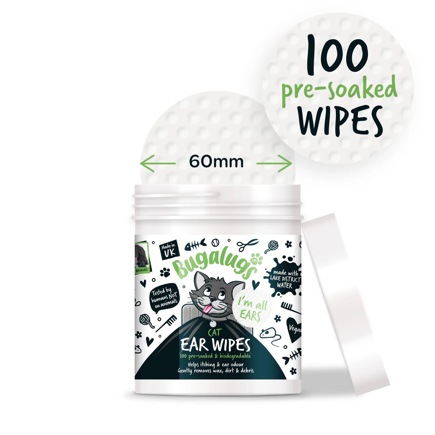 Bugalugs Soothing Cat Ear Wipes (100 pre soaked Bio-Degradable Wipes)