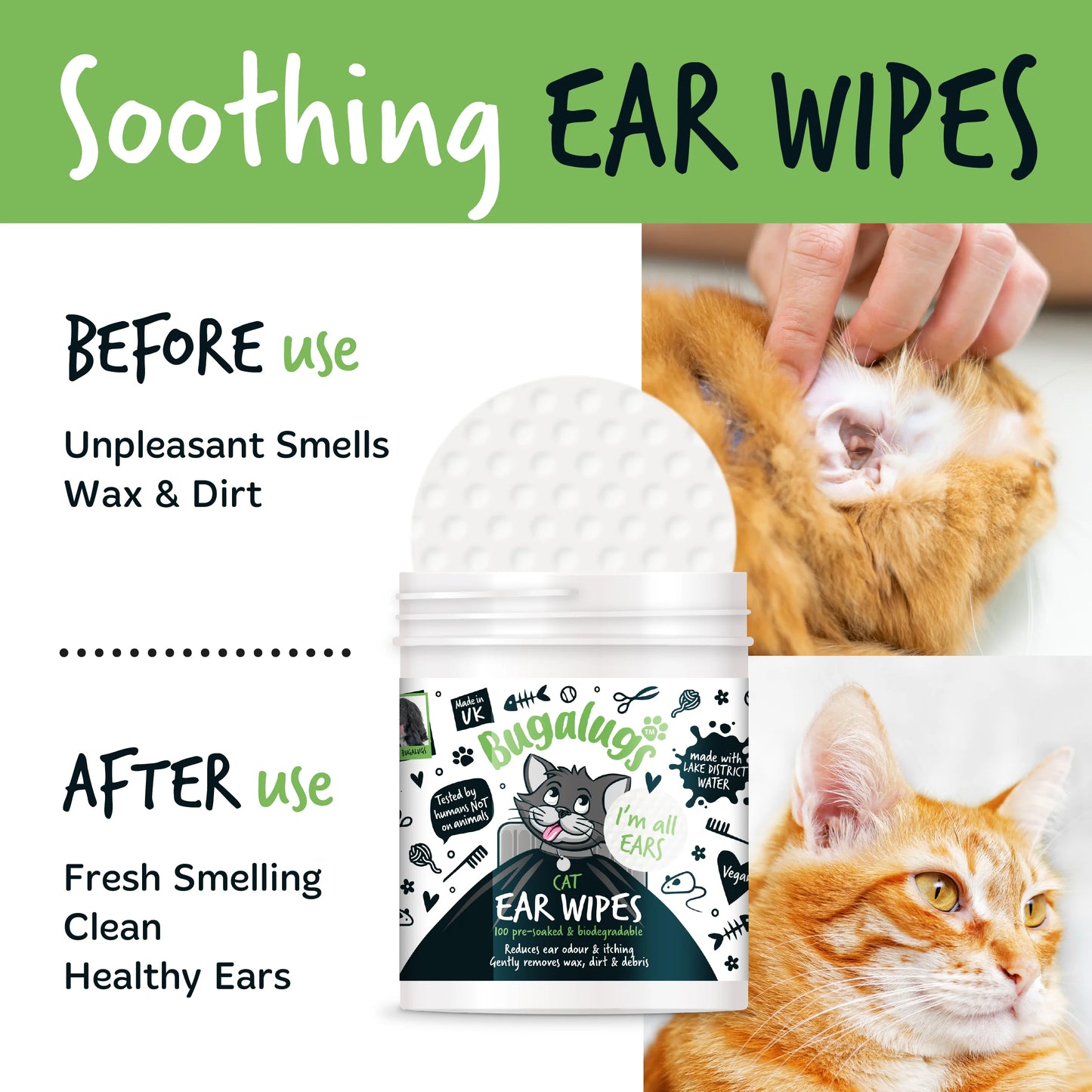 Bugalugs Soothing Cat Ear Wipes (100 pre soaked Bio-Degradable Wipes)