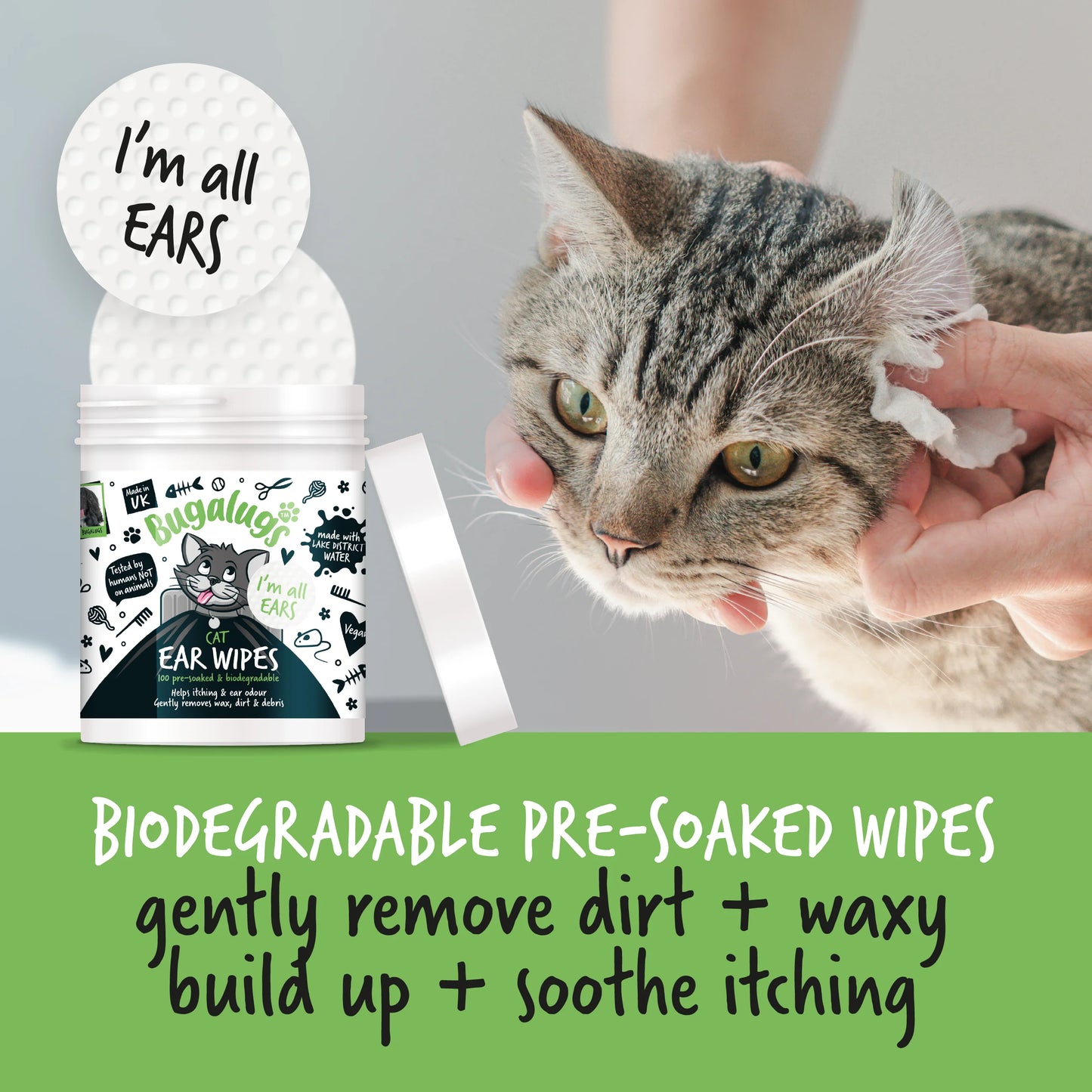 Bugalugs Soothing Cat Ear Wipes (100 pre soaked Bio-Degradable Wipes)