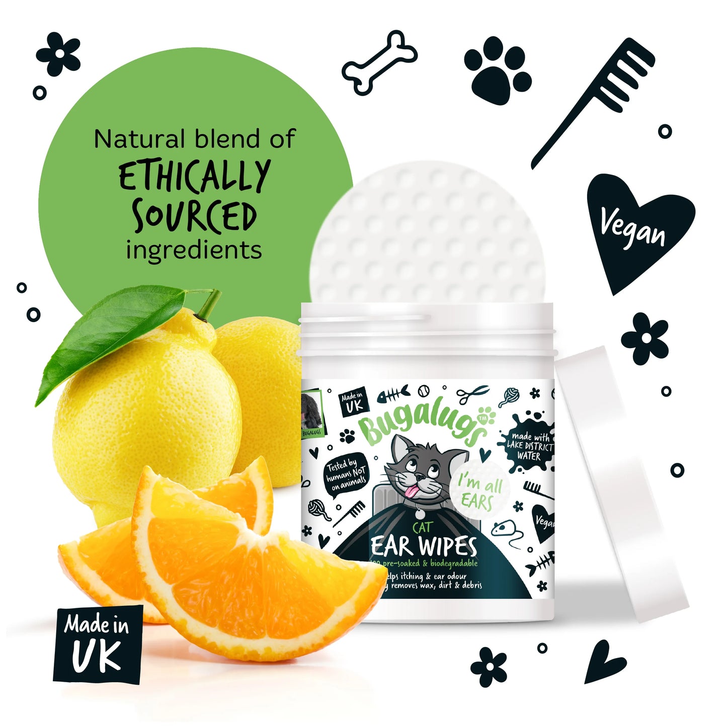 Bugalugs Soothing Cat Ear Wipes (100 pre soaked Bio-Degradable Wipes)