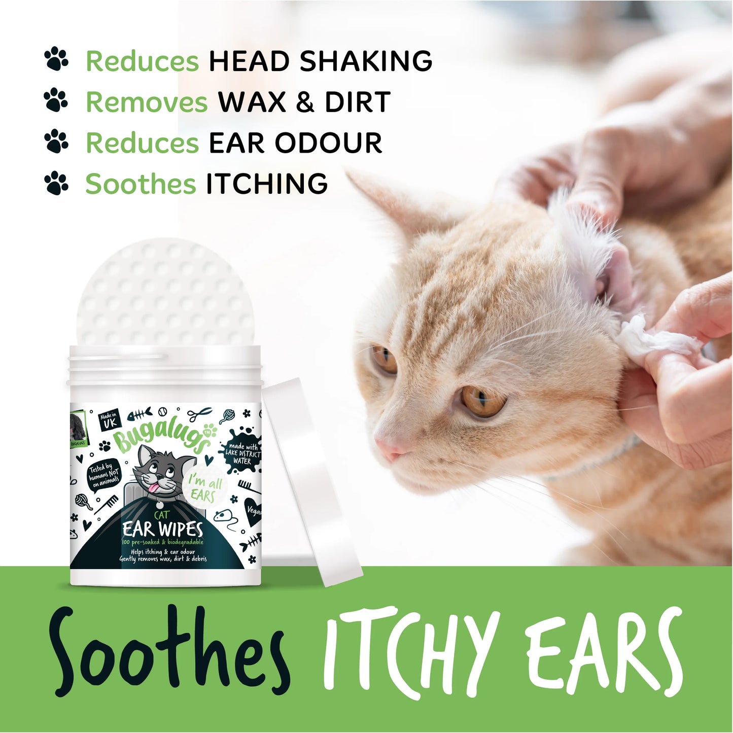 Bugalugs Soothing Cat Ear Wipes (100 pre soaked Bio-Degradable Wipes)