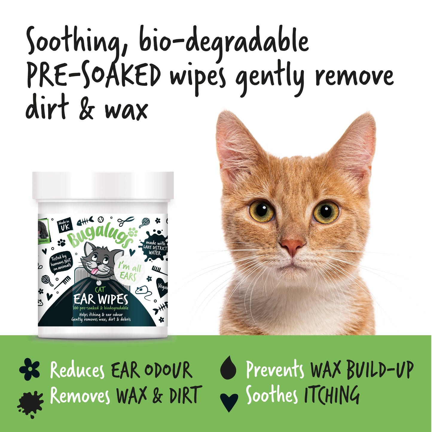 Bugalugs Soothing Cat Ear Wipes (100 pre soaked Bio-Degradable Wipes)