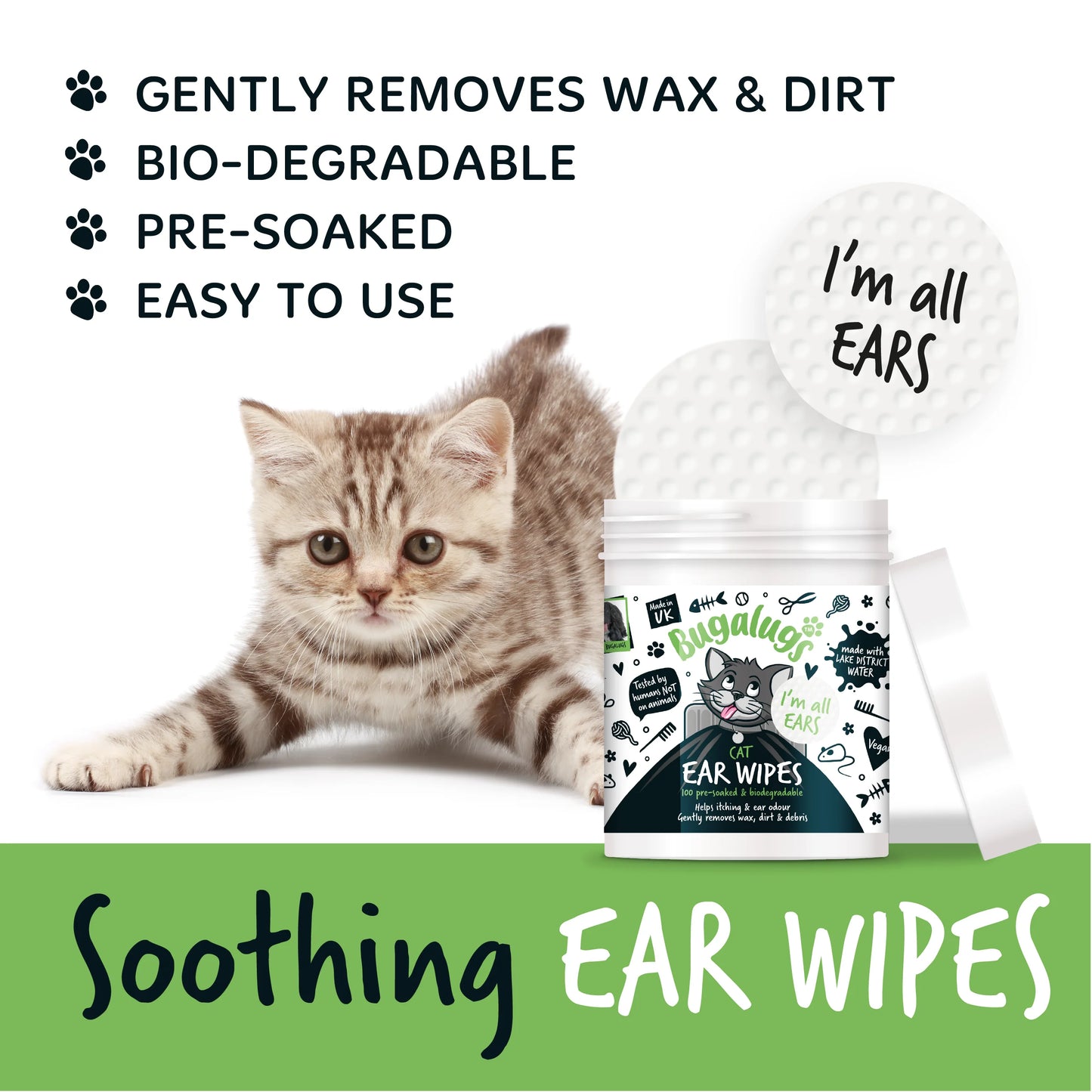 Bugalugs Soothing Cat Ear Wipes (100 pre soaked Bio-Degradable Wipes)