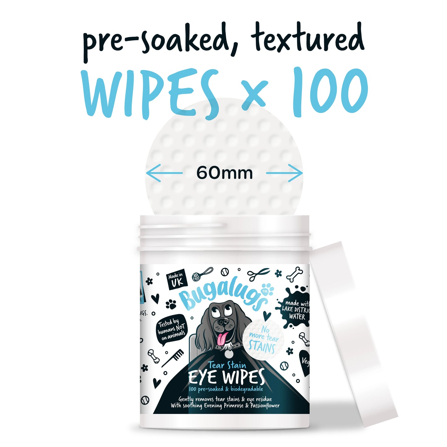 Bugalugs Tear Stain EyeWipes (100 pre soaked Bio-Degradable Wipes)