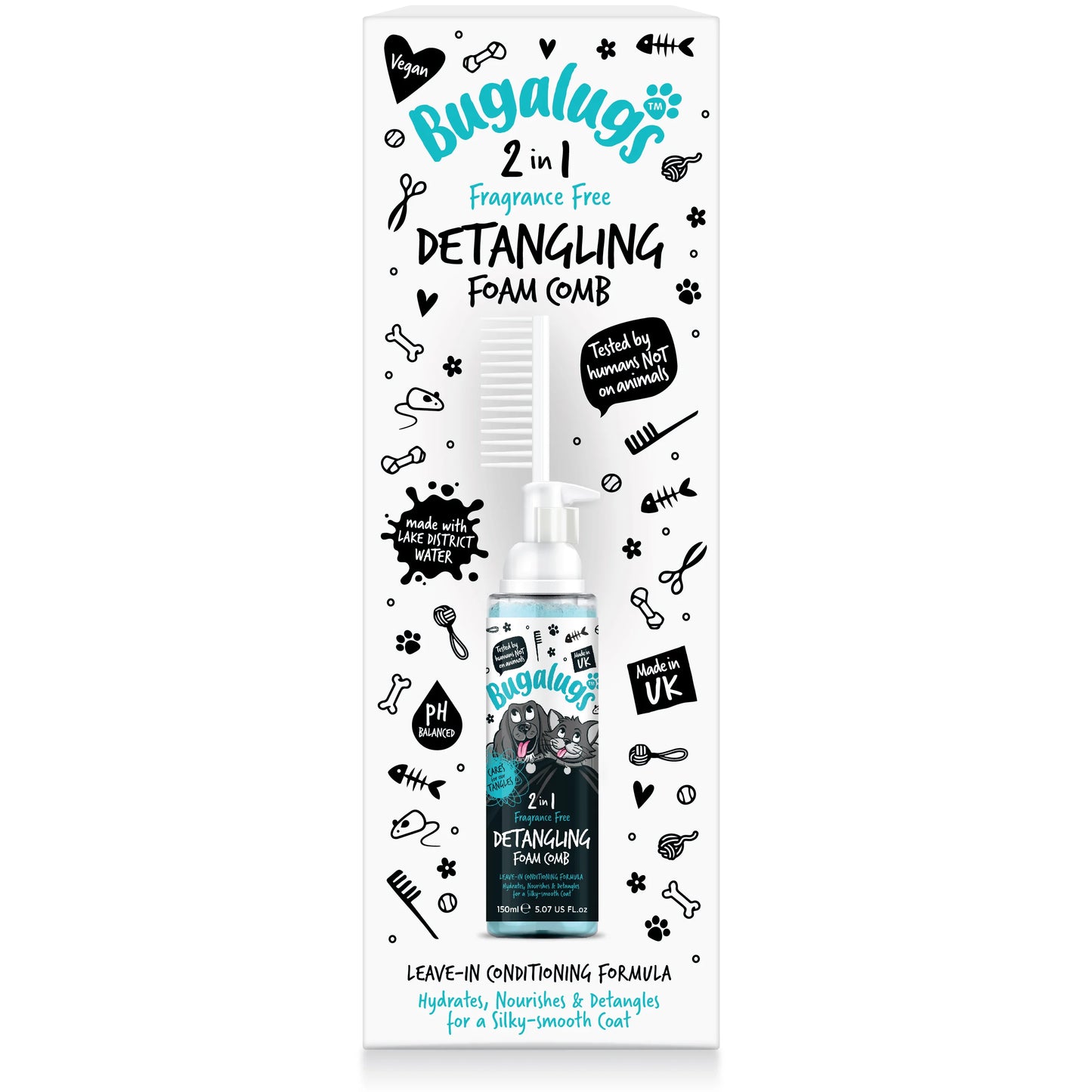 Bugalugs 2 in 1 Detangling Foam Comb For Dogs & Cats 200ml (Fragrance Free)